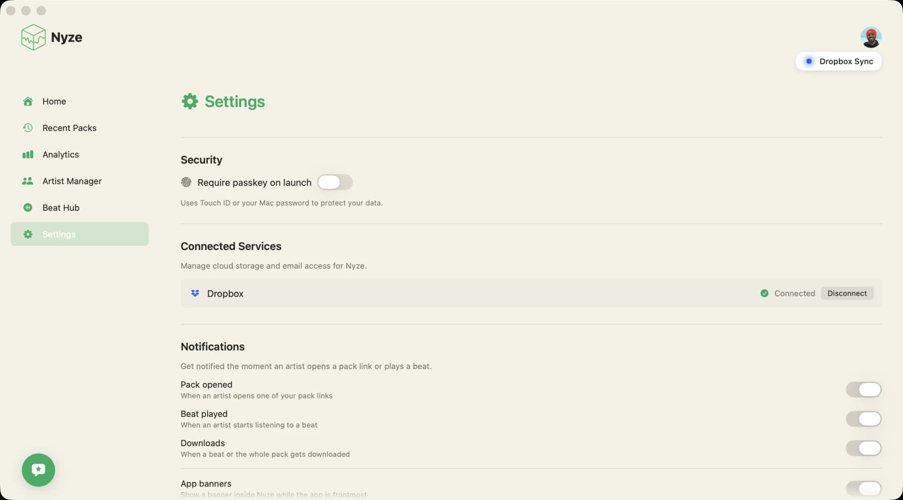 Connecting Dropbox in Nyze settings