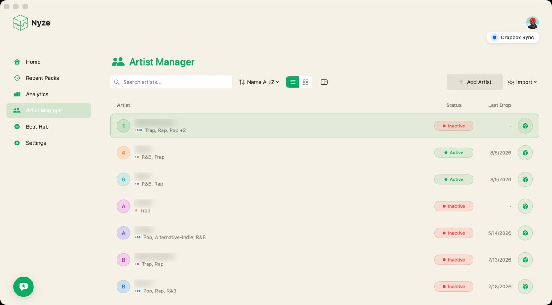 The artist roster in Nyze